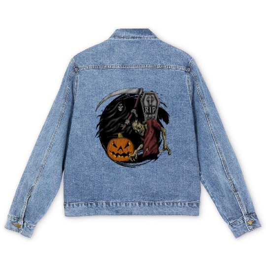Scary pumpkin zombie Halloween grim reaper Men's Denim Jackets