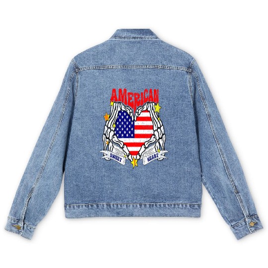 America Sweet Heart Skeleton Hands Heart Flag 4th Men's Denim Jackets