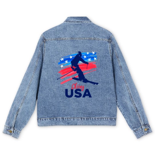 Skiing Usa Support The Team Usa Flag Ski Winter Men's Denim Jackets