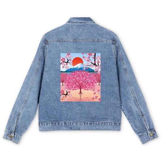 Sunset Sakura Mountains Gift Cherry Blossoms Men's Denim Jackets
