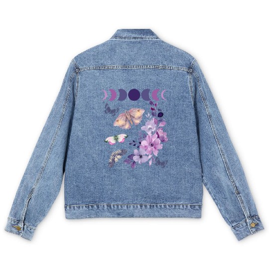 Violet Purple Moon Moth Flower Men's Denim Jackets
