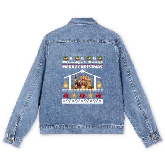 Polish Wesolych Swiat Nativity Scene Jesus Born Men's Denim Jackets
