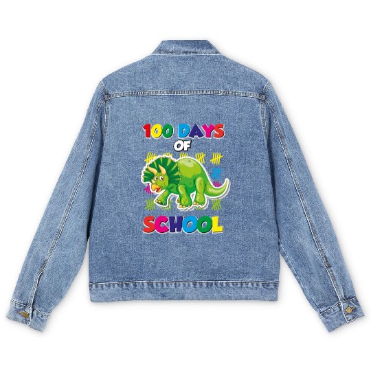 100 days of school green triceratops Men's Denim Jackets