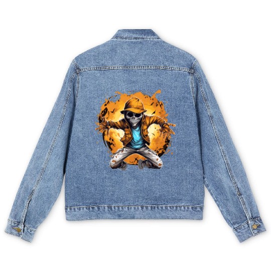 Halloween Skeleton Dabbing Hip Hop Men's Denim Jackets