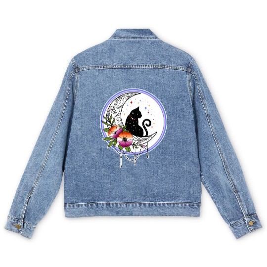 Galaxy Cat and Flowers in Lesbian Flag Colors Men's Denim Jackets