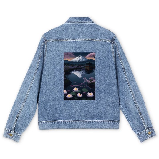 Asia Landscape by night Serene Mount Fuji Men's Denim Jackets