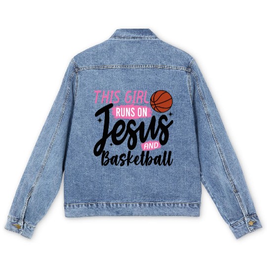 This Girl Runs On Jesus and basketball Men's Denim Jackets