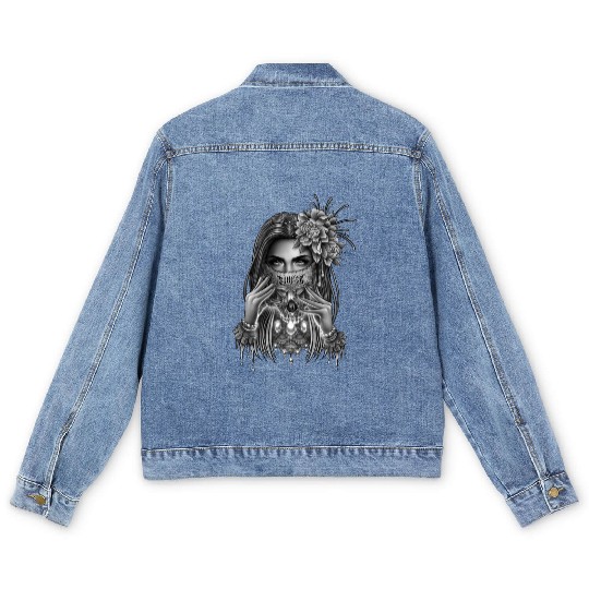skull mask and peony flower Men's Denim Jackets