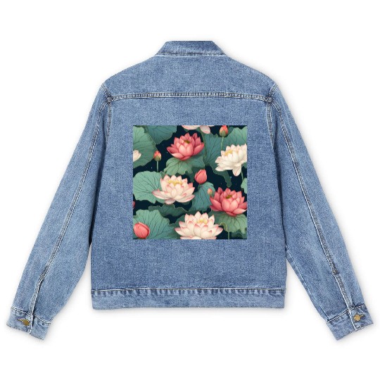 Serenity Blooms: Timeless Lotus Pattern Men's Denim Jackets