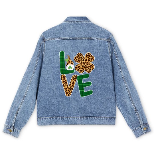 Love Irish Gnome Shamrock Leopard Plaid St Men's Denim Jackets