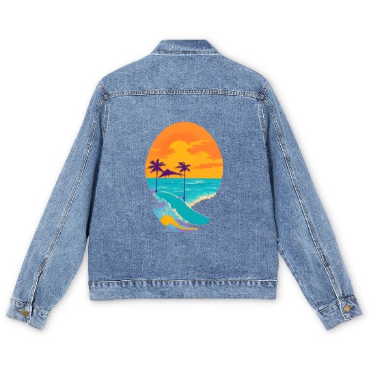 Golden Horizon: Serene Sunset & Surfing Paradise Men's Denim Jackets