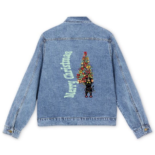 Cat Tangled In the Christmas Tree Lights Men's Denim Jackets