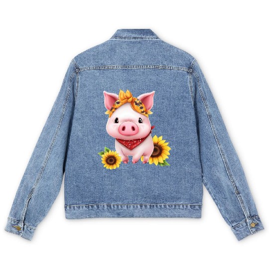 Pig with Bandana and Sunflower, Charming Farm Men's Denim Jackets