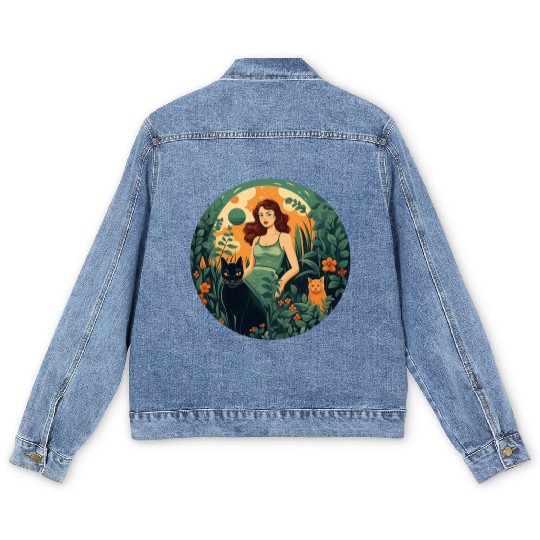 Woman in green dress with black cat and orange cat Men's Denim Jackets