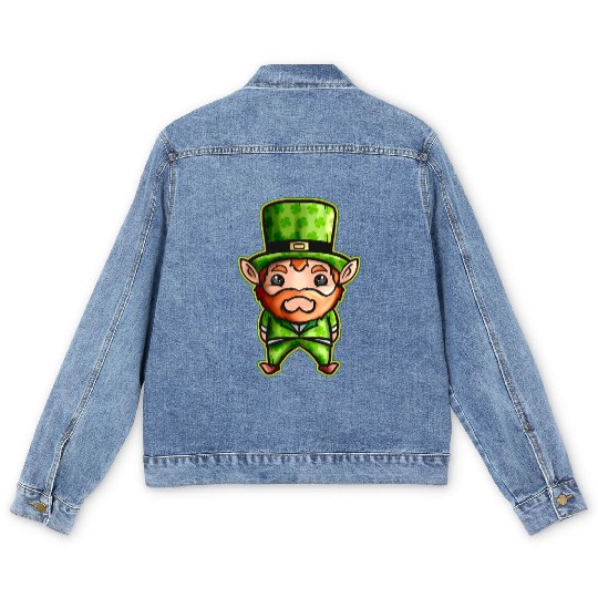 Cute Kawaii Irish Elf With Shamrock Hat For St Men's Denim Jackets