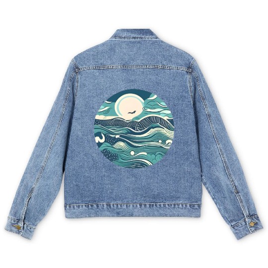 Sea waves in circle Men's Denim Jackets