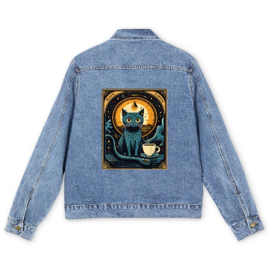 Black Coffee Cat Tarot Card Occult Men's Denim Jackets