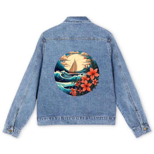 Sailing Ship Sailing Orchids Flowers Sailboat Men's Denim Jackets