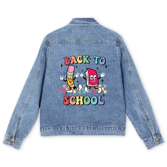 Back To School, Cute, Retro, Vintage, Checkerboard Men's Denim Jackets
