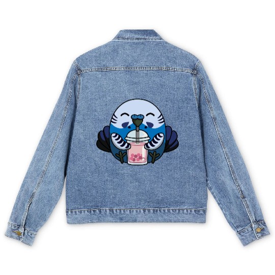 Bubbly Budgie Cute Adorable Budgie with Bubble Tea Men's Denim Jackets