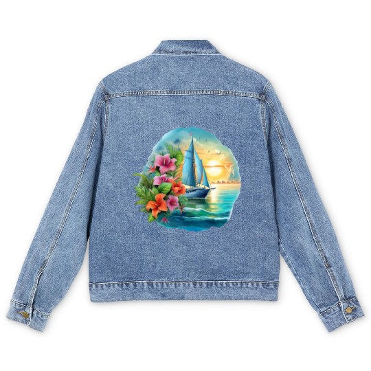 Sailing Ship Sailing Orchids Flowers Sailboat Men's Denim Jackets