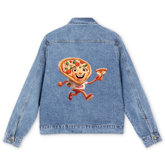 Cartoon Character of Pizza Running Design Men's Denim Jackets