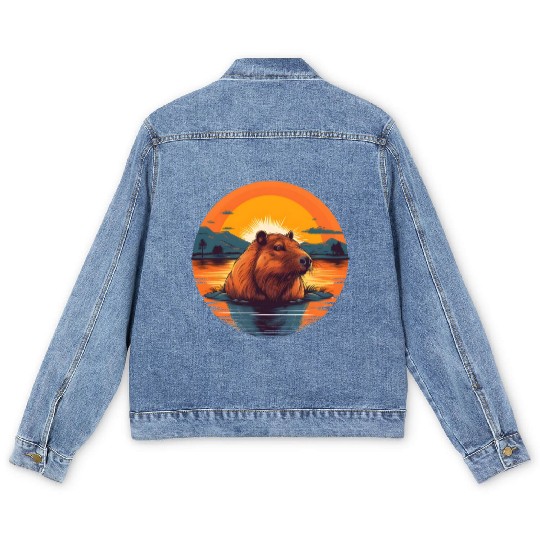 Sunset Serenity: Rustic Capybara Stripe Illustrate Men's Denim Jackets