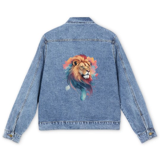 Pastel Majesty: Lion Head in Watercolor Men's Denim Jackets