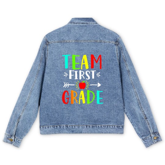 Team First Grade Student Teacher Team Funny Back Men's Denim Jackets