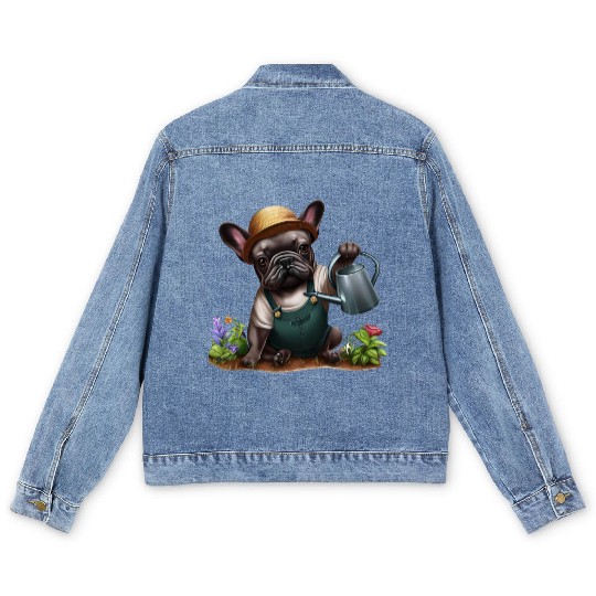 Frenchie Playing in the Garden Men's Denim Jackets