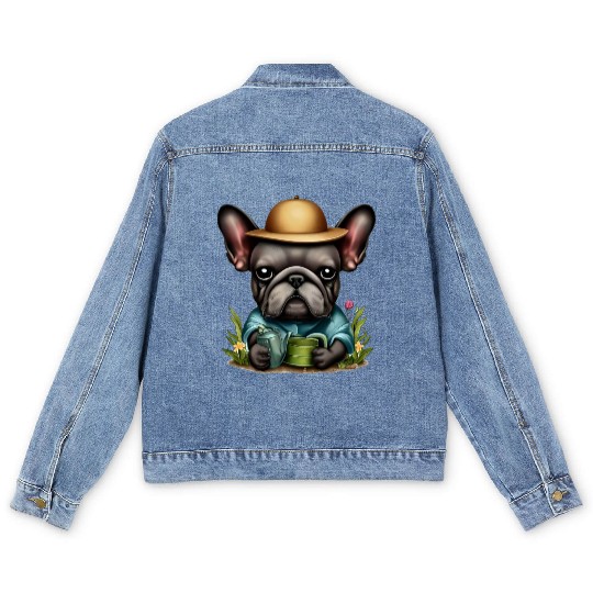 Frenchie Watering Plants Men's Denim Jackets