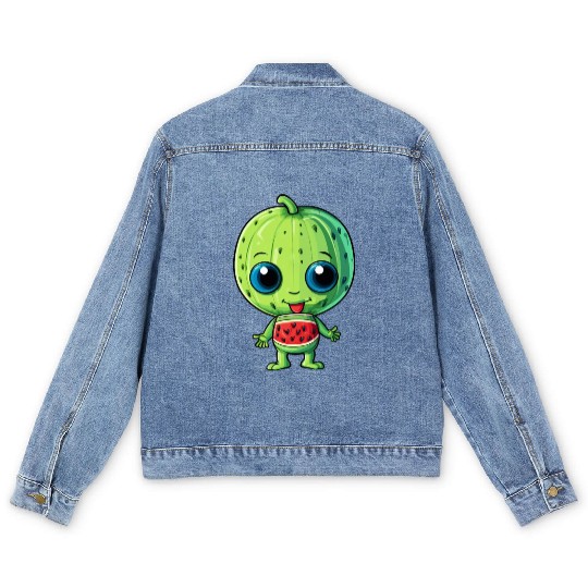 Green Alien & Watermelon: A Galactic Fusion Men's Denim Jackets