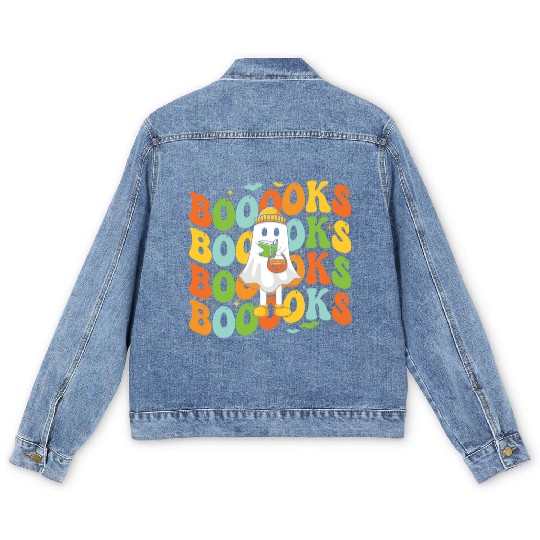 Booooks Cute Ghost Reading A Book Funny Book Lover Men's Denim Jackets
