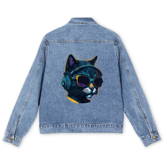 Cool Sunglasses Headphone Galaxy Cat Men's Denim Jackets