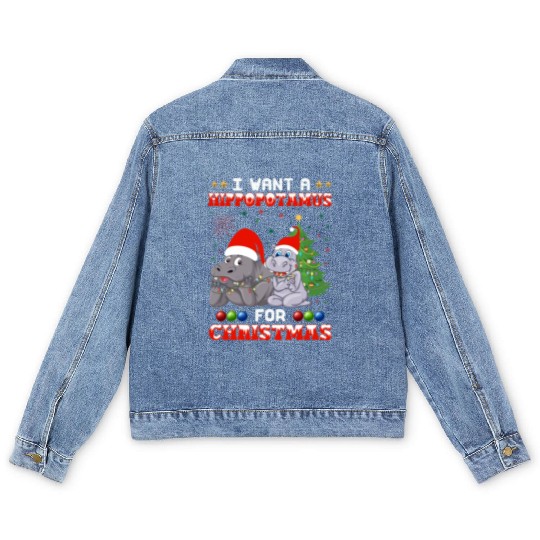 I Want Hippopotamus For Christmas Hippo Lover Xmas Men's Denim Jackets