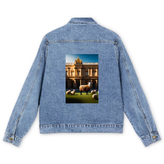 sheep in baroque armor in front of palace made of Men's Denim Jackets