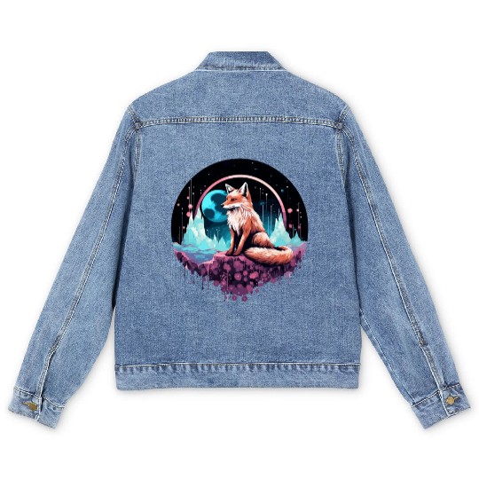 Celestial moon flower fox sitting tall Men's Denim Jackets