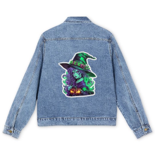 Wicked Witch Halloween Sticker, neon color Men's Denim Jackets