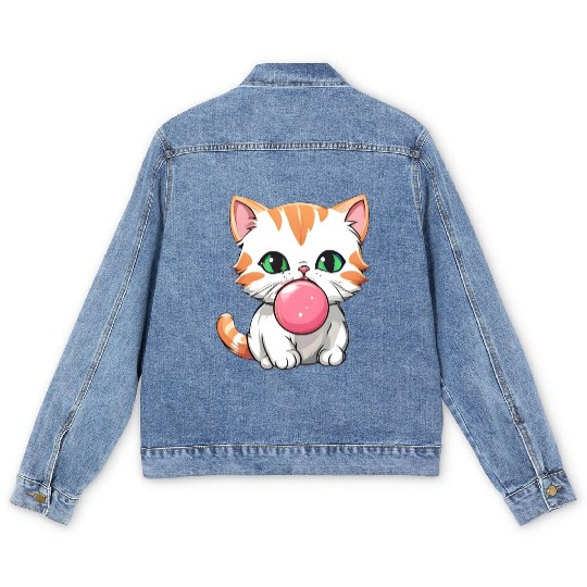 Orange & White Kitten Blowing Bubble - Green Eyes Men's Denim Jackets