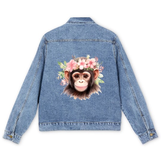 Monkey Chimpanzee Jungle Animal Boho Floral Ape Men's Denim Jackets