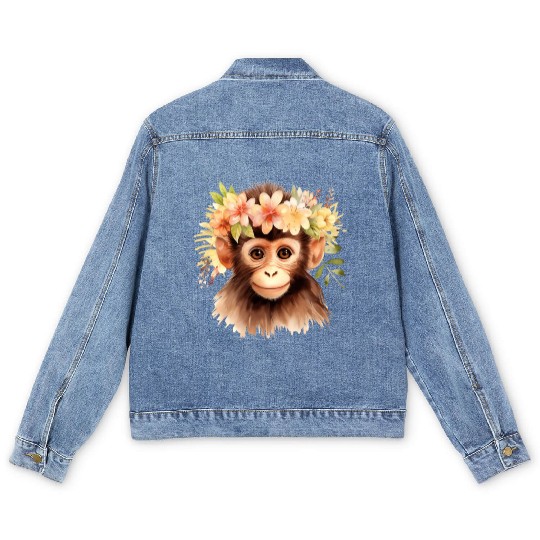 Monkey Chimpanzee Jungle Animal Boho Floral Ape Men's Denim Jackets