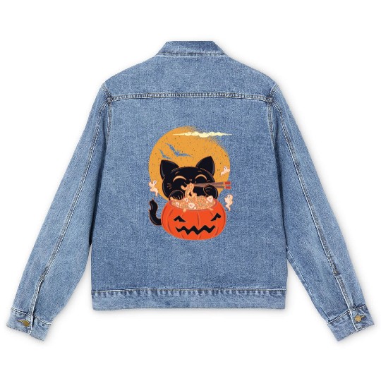 Kawaii Creepy Cat Eating Ramen Noodles Halloween Men's Denim Jackets