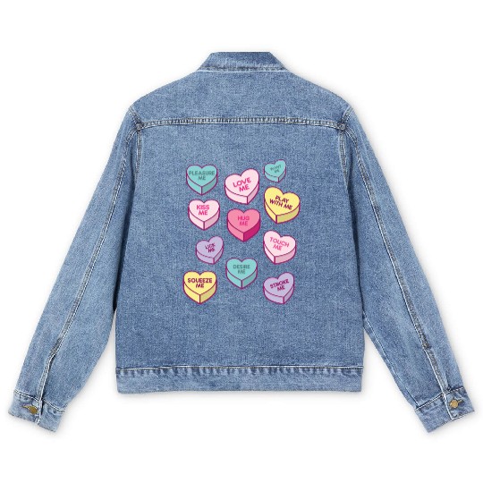 Love Me Kiss Me Pleasure Me Candy Hearts Men's Denim Jackets