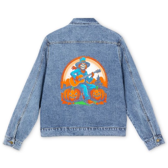 Happy Halloween scarecrow plays guitar Men's Denim Jackets