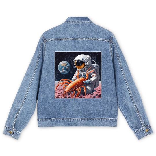 Astronaut in space with shrimp Men's Denim Jackets
