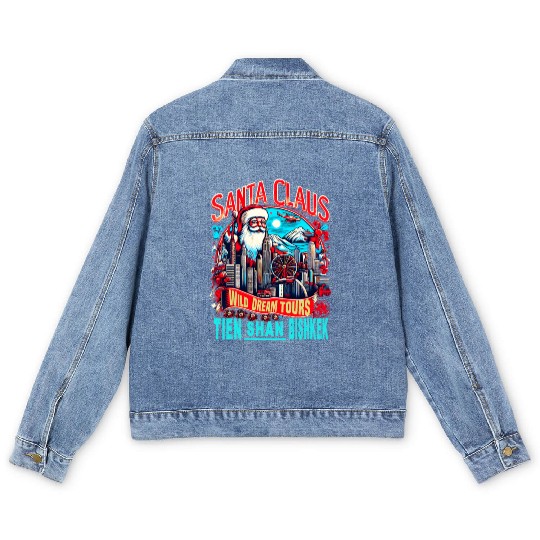 Santa Claus on an Adventure Travel World Tour Men's Denim Jackets