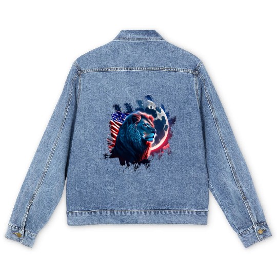 America lion under Moon with American Flag Men's Denim Jackets