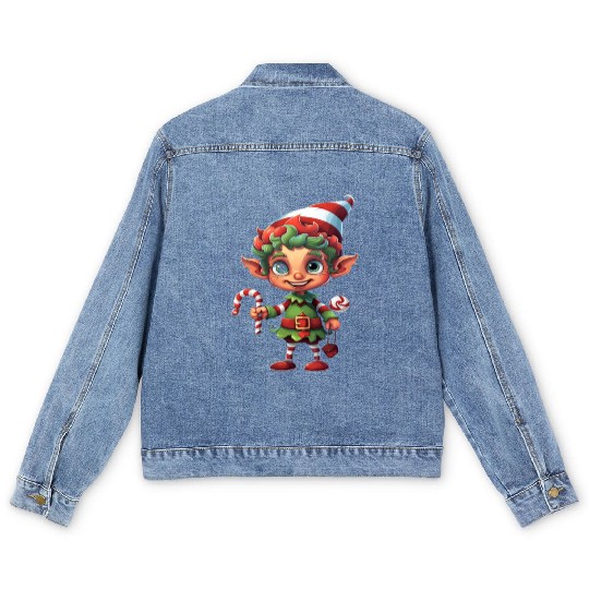Christmas Elf Candy Cane X-Mas Pajamas Party Men's Denim Jackets