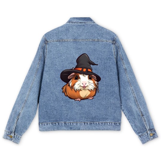 Cute Halloween guinea pig with a witch hat. Men's Denim Jackets