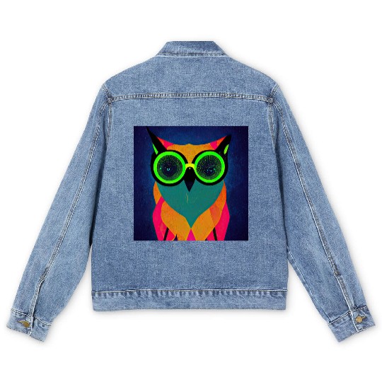 Mod Owl: Bold Owl with Green Glasses Men's Denim Jackets